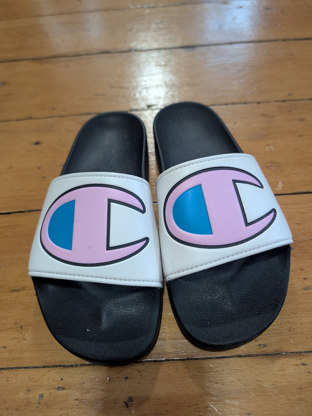 Champion Slide Sandals - White with Pink & Blue Logo